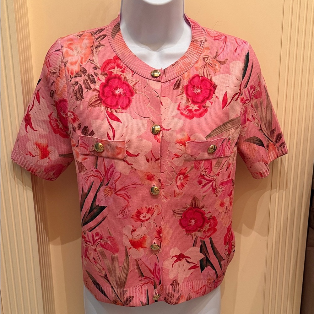 Zara Pink Floral Textured Knit Top Cardigan